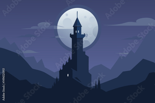 Moonlit tower in foggy fantasy world mystical nocturnal structure vector illustration background