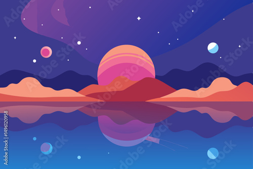 Nebula dreams in still waters cosmic reflections serene vector illustration background