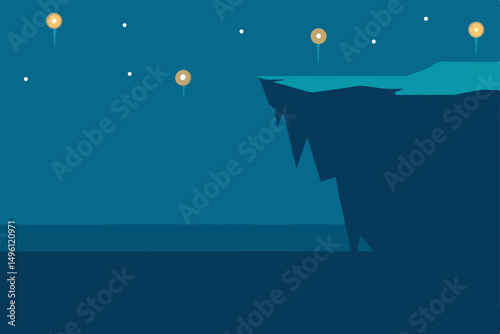 Ocean cliff with floating lights UHD sparkling coastal view vector illustration background