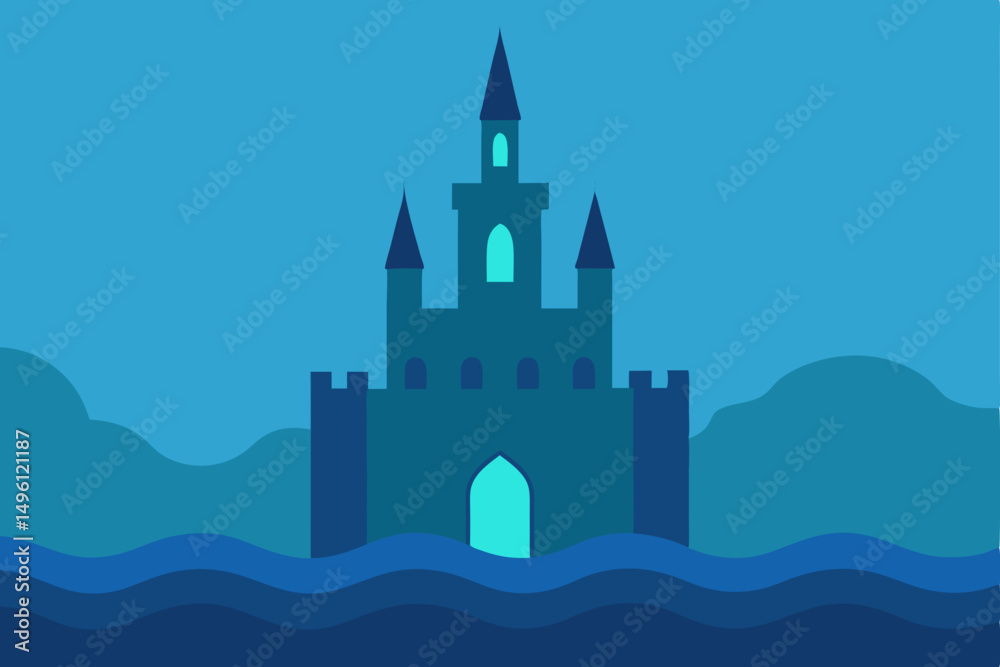 Fototapeta premium Submerged castle in ocean realm UHD ancient aquatic fortress vector illustration background