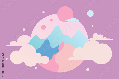 Dreamy pastel world with clouds mountains ethereal soft scene vector illustration background