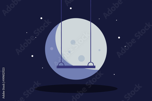 Fantasy swing hanging from the moon UHD whimsical celestial play vector illustration background