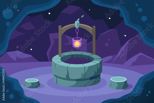 Magic well in fantasy cave mystical illuminated grotto vector illustration background