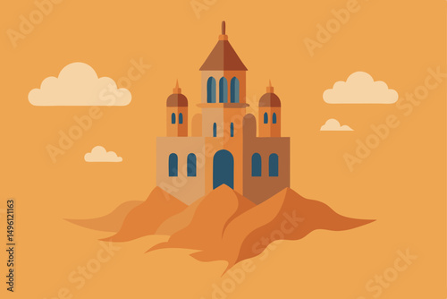 Sandstorms in a floating cathedral ethereal desert architecture vector illustration background