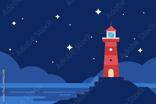 Starry sky with fantasy lighthouse wallpaper cosmic guiding light vector illustration background