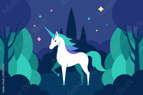 Stylized unicorn in glowing forest mythical creature magic vector illustration background