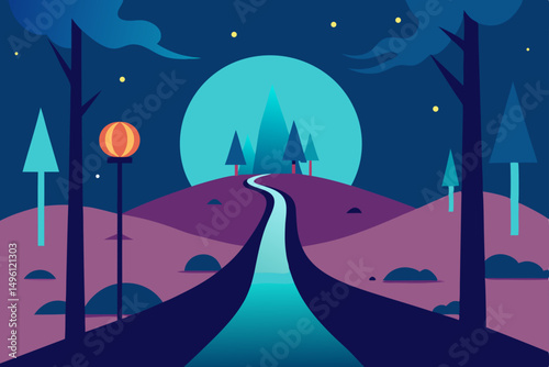 Journey through the dream forest enchanting mystical path vector illustration background