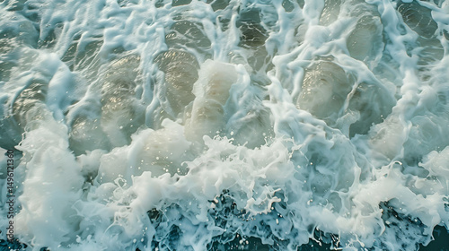 Aerial view of ocean waves crashing and foaming on the surface of the water creating white textures
