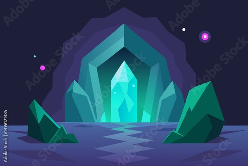 Crystal cave with magical glow luminous underground world vector illustration background