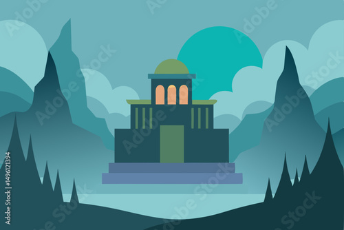 Dreamers hall in the mist valley ethereal architectural marvel vector illustration background