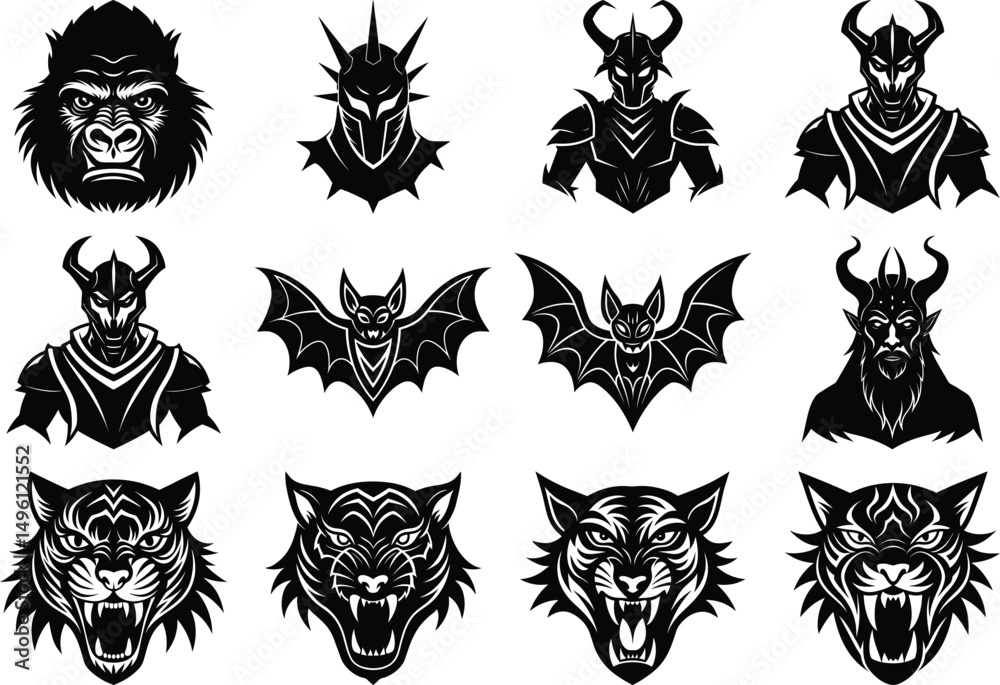 Obraz premium Tribal Human Face Vector Silhouette Set – Dark and Angry Warrior Mask Bundle