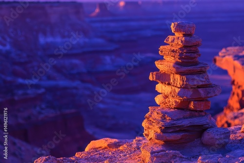 A carefully balanced rock cairn at sunset, overlooking a dramatic canyon landscape. photo