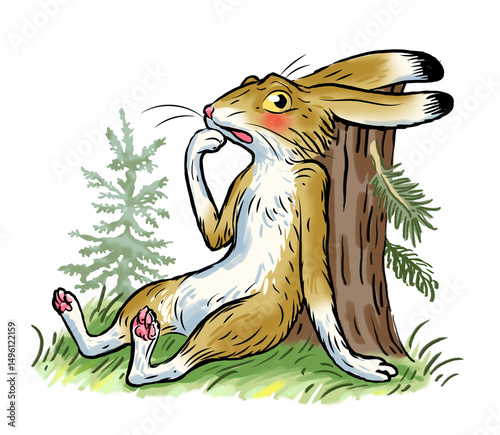 Rabbit, hare sitting near the Christmas tree in the forest, fairy tale, book illustration