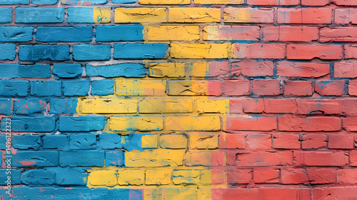A vibrant brick wall painted with blue yellow and red colors creating an abstract urban background