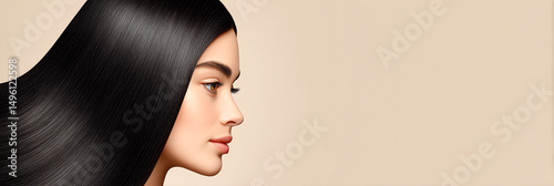 Profile of woman with extremely long straight shiny black hair flowing on beige background. Banner image with copy space for text.
