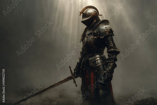Medieval knight in black armor holding sword under dramatic light in foggy forest.