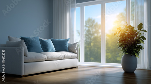 Modern living room with sofa and plant by large window in natural morning light.