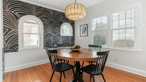 Stylish dining room with modern wallpaper and wooden table.