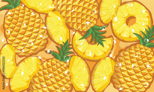 Seamless Pattern of Fresh Pineapples - Whole and Sliced Juicy Tropical Fruits with Water Splash Effect, Summer Background Illustration