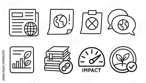 Line style icons of climate literacy in daily life: news and source icon, eco fact on fridge card, climate myth-buster note, talk with friends bubble, climate infographic sticker, course material +