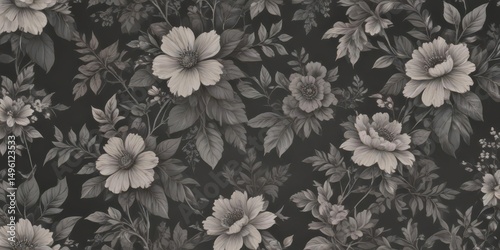 Subtle charcoal floral wallpaper  Delicate blooms and leaves on a seamless vintage print , leaves, scroll