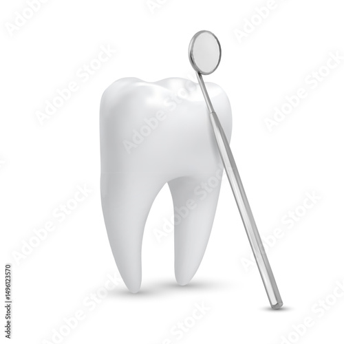 3d realistic vector healthy glowing tooth with dental mouth mirror isolated on a white background