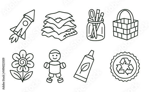 Line style icons of upcycled and eco-friendly crafting: cardboard tube rocket, fabric scraps pile, reused jar organizer, cut cereal box basket, newspaper flower icon, bottle cap toy, eco glue tube,