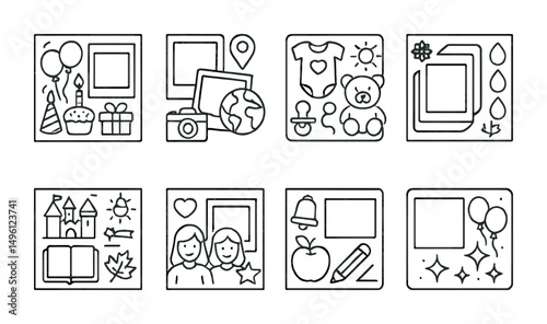 Line style icons of themed scrapbooking kits: birthday page kit, travel adventure elements, baby memory layout, seasonal color palette, vintage storybook theme, friendship collage pack, school days