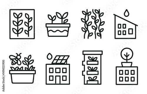 Line style icons of vertical and rooftop greening: green wall panel, rooftop plant box, vine-covered facade, water capture roof, rooftop bee garden, solar + green combo, balcony planter tier,