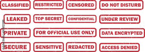 Confidential & Security Vector Stamps Bundle. Classified Badges, Censored Labels, Transparent Grunge Effects. Censorship Clipart. Classified Document Design. Vintage Security Seal. Minimalistic Badges