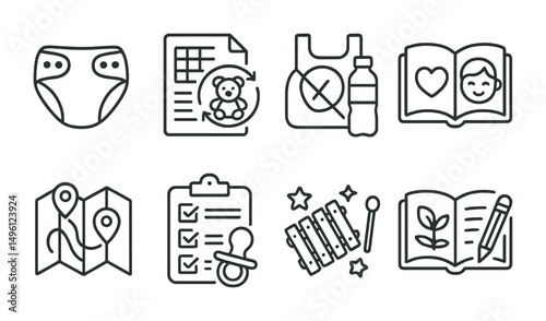 Line style icons of eco parenting guides: cloth diaper tips, toy rotation chart, plastic-free start guide, mindful playbook, local swap map, reuse gear checklist, eco toy safety guide, parenting