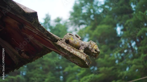 4K Closeup shot of Wooden lion sculpted on the edge of the roof of Tripura Sundari temple made of wood at Naggar near Manali in Himachal Pradesh, India. Lion made from carving the wood in the temple.