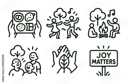 Line style icons of celebration + community: shared meal tray, dance in park icon, story around fire, laugh in green zone, high five leaf, friend team badge, music + tree icon, joy matters sign.