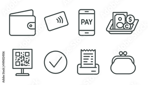Line style icons of payment options: open wallet icon, contactless card tap, mobile phone with pay screen, cash change tray, QR code on stand, transaction complete symbol, receipt printout, small