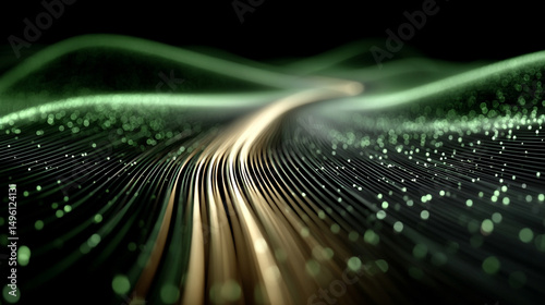 Green light waves spiral into an electric tunnel, glowing on a black or white background—symbolizing vitality, speed, digital energy, growth, and the futuristic force of motion.
