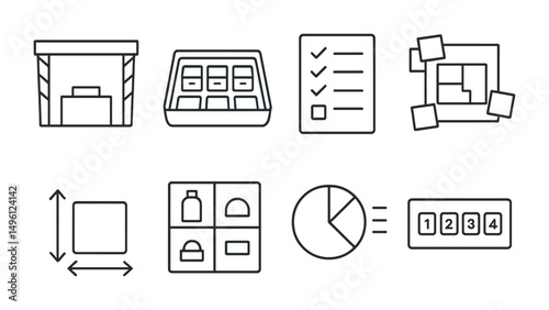 Line style icons of display planning tools: booth layout sketch, labeled boxes tray, checklist for setup, plan with sticky notes, height + width marker icons, product grouping grid, layout by type