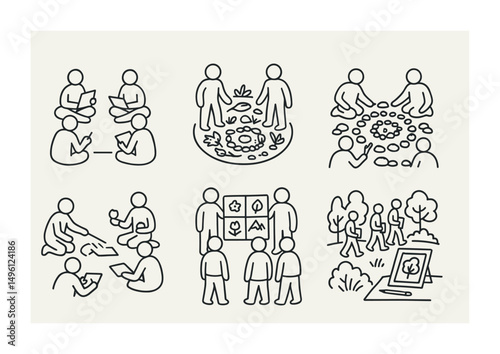 Line style icons of group creative nature practices: sit circle with sketchpads, shared land art space, group stone spiral icon, pass-the-stick drawing, storytelling with found objects, nature story