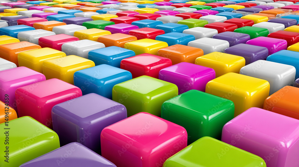 Obraz premium Shiny metallic colorful cubes form an abstract 3D geometric pattern, symbolizing modernity, innovation, structure, complexity, and vibrant energy in a sleek futuristic design. 