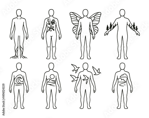 Line style icons of nature-inspired full-body art: tree roots along legs, vine + flower chest, butterfly wings on back, forest across arms, wave on torso, desert landscape belly, birds in motion