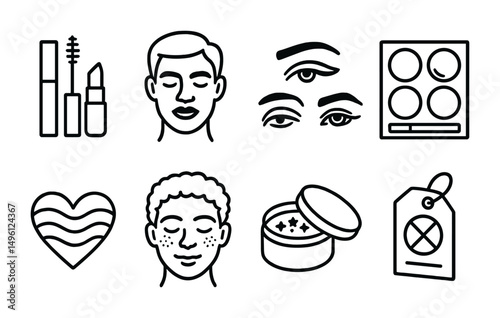 Line style icons of gender-inclusive beauty: makeup for all icon, bold lip on masc face, brows + liner on diverse shapes, palette without labels, freedom of color sketch, confidence in blush symbol,