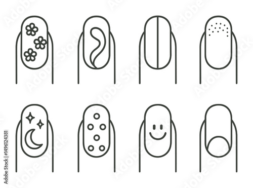 Line style icons of nail design elements: floral mini pattern, abstract swirl, minimalist stripe, gradient fade, moon + stars nail icon, rhinestone decor, smiley accent, negative space design.