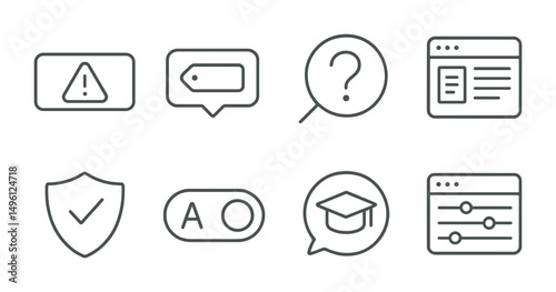 Line style icons of platform tools for literacy: “report false info” button, content context tag, “why am I seeing this?” icon, source info panel, post transparency badge, ad info toggle, user