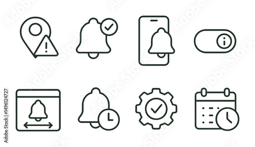 Line style icons of contextual notifications: location-aware alert icon, alert at right time badge, event-based push symbol, relevant info only toggle, custom delivery window, delay low-priority