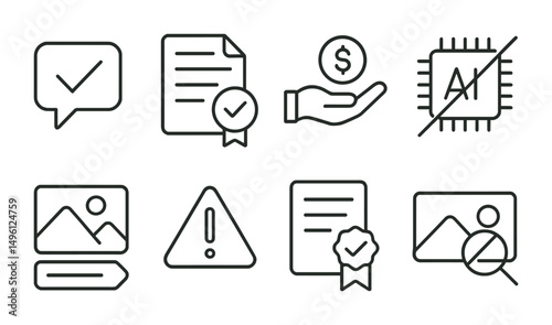 Line style icons of ethical content creation: mark opinion clearly icon, cite sources badge, transparent funding icon, no AI without label symbol, image credit tag, no clickbait title alert, fair