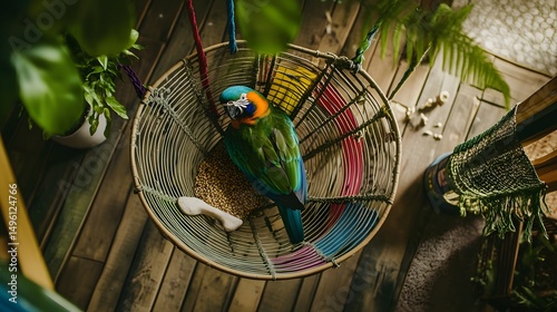 Top down image of a blue fronted Amazon parrot resting inside a corner cage with colorful swings a cuttlebone and fresh seeds lively indoor bird pet scene cut out on isolated transparent background