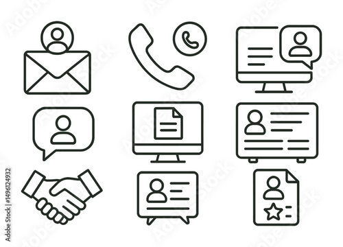 Line style icons of freelancer client communication: client email icon, project call symbol, chat with client bubble, proposal submission screen, message history board, contract discussion tag,
