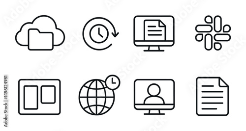 Line style icons of remote freelance workflow: cloud folder icon, version history symbol, Google Docs screen, Slack workspace badge, Trello board tag, client timezone globe, Zoom call screen, async
