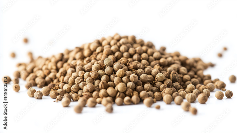 A small mound of coriander rests on a white table , background A small mound of coriander rests on a white table , background