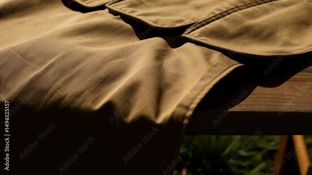 Close-up of a durable khaki canvas tool belt with multiple pockets resting on a textured wooden surface creating a rugged and organized aesthetic.