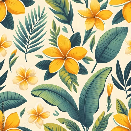 Seamless Tropical Floral Pattern with Yellow and White Plumeria on Leafy Background. for summer wrapping paper, textile prints